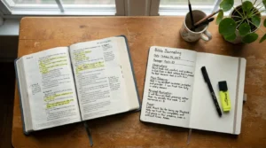 how to bible journal Beginner Bible journaling setup showing a Bible, notebook, pen, highlighted passage, written observations, application notes, and a short prayer arranged as simple journaling steps.