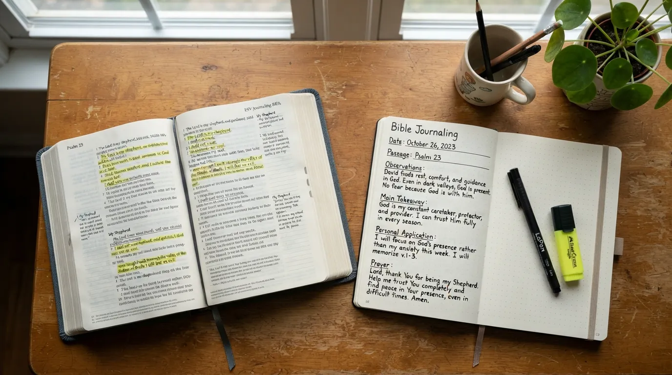 Beginner Bible journaling setup showing a Bible, notebook, pen, highlighted passage, written observations, application notes, and a short prayer arranged as simple journaling steps.