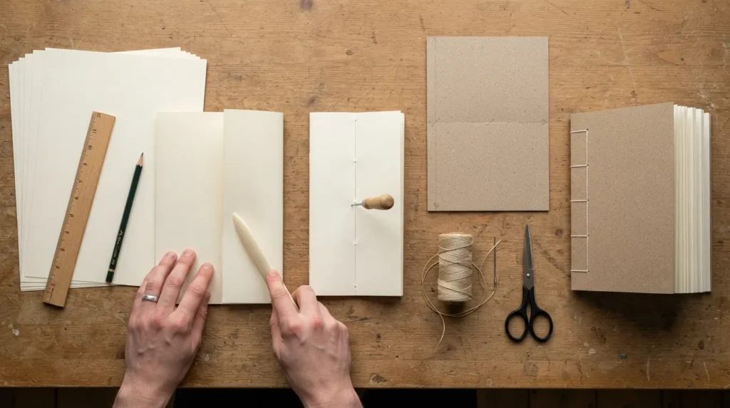 Beginner making a handmade journal by folding paper, preparing a cover, and binding the pages with thread
