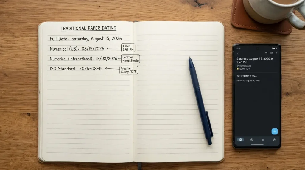 An open handwritten journal page displaying different date formats written at the top left corner, including full written dates, numerical formats, and optional weather and time stamps.