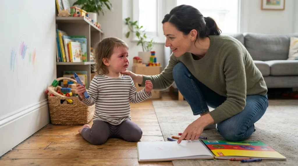 Parent calmly guiding a toddler with clear boundaries, redirection, positive reinforcement, and consistent discipline