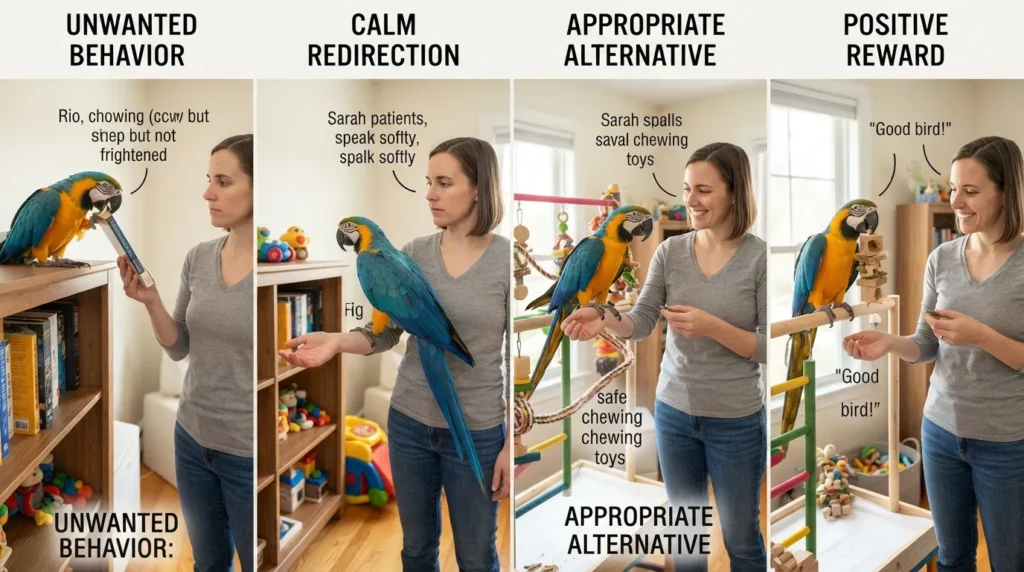 Bird being calmly redirected from unwanted behavior toward a safe alternative and rewarded with positive reinforcement