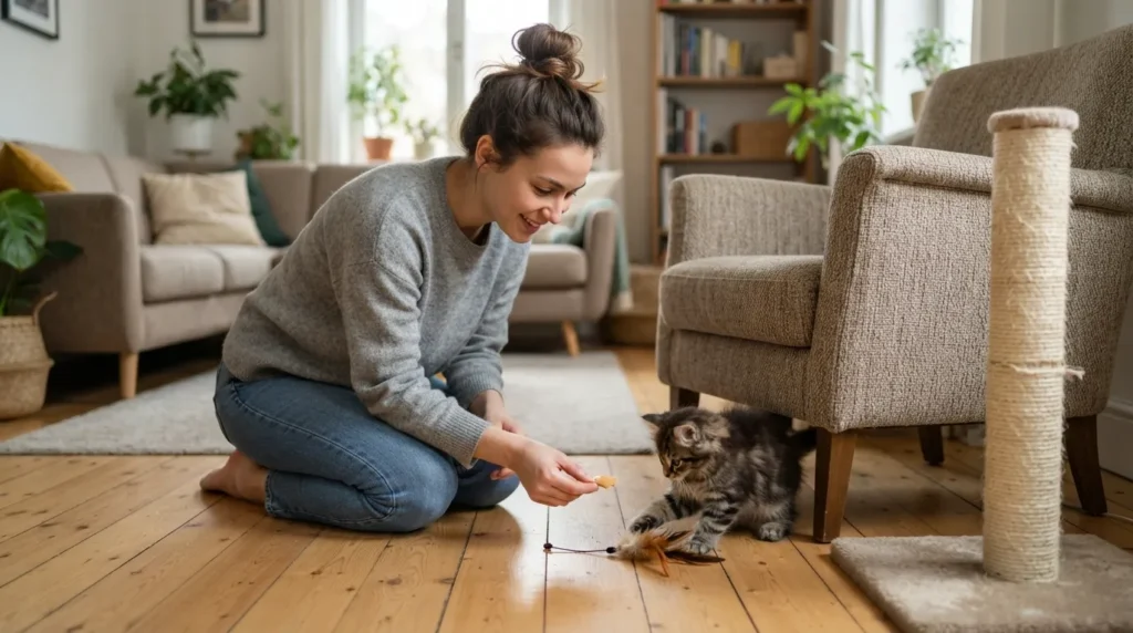 Cat or kitten being calmly redirected from unwanted behavior toward appropriate behavior using positive reinforcement