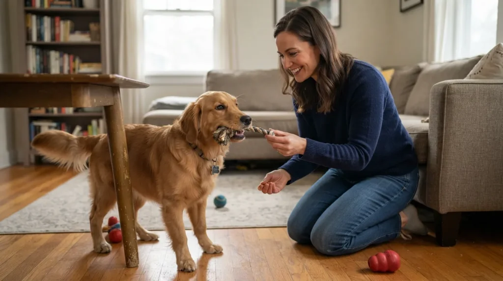 Dog being calmly redirected from unwanted behavior and rewarded with positive reinforcement during humane training