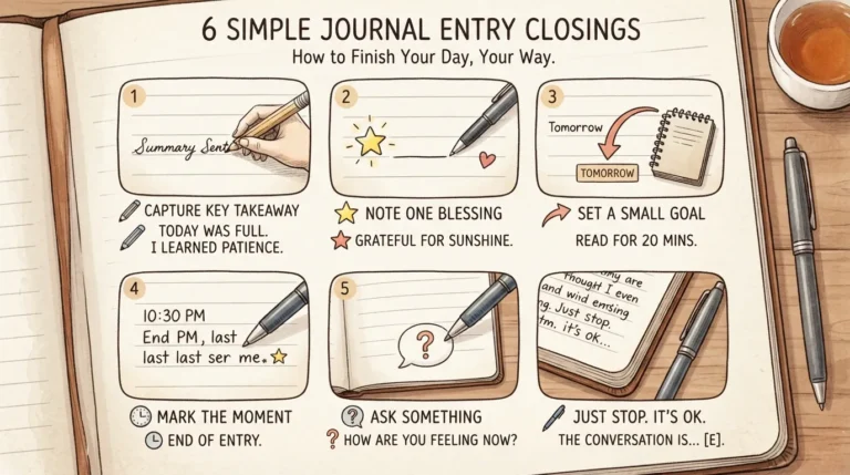 Infographic showing six ways to end a journal entry: summary sentence, gratitude line, tomorrow's intention, sign-off, question to future self, and stopping mid-thought
