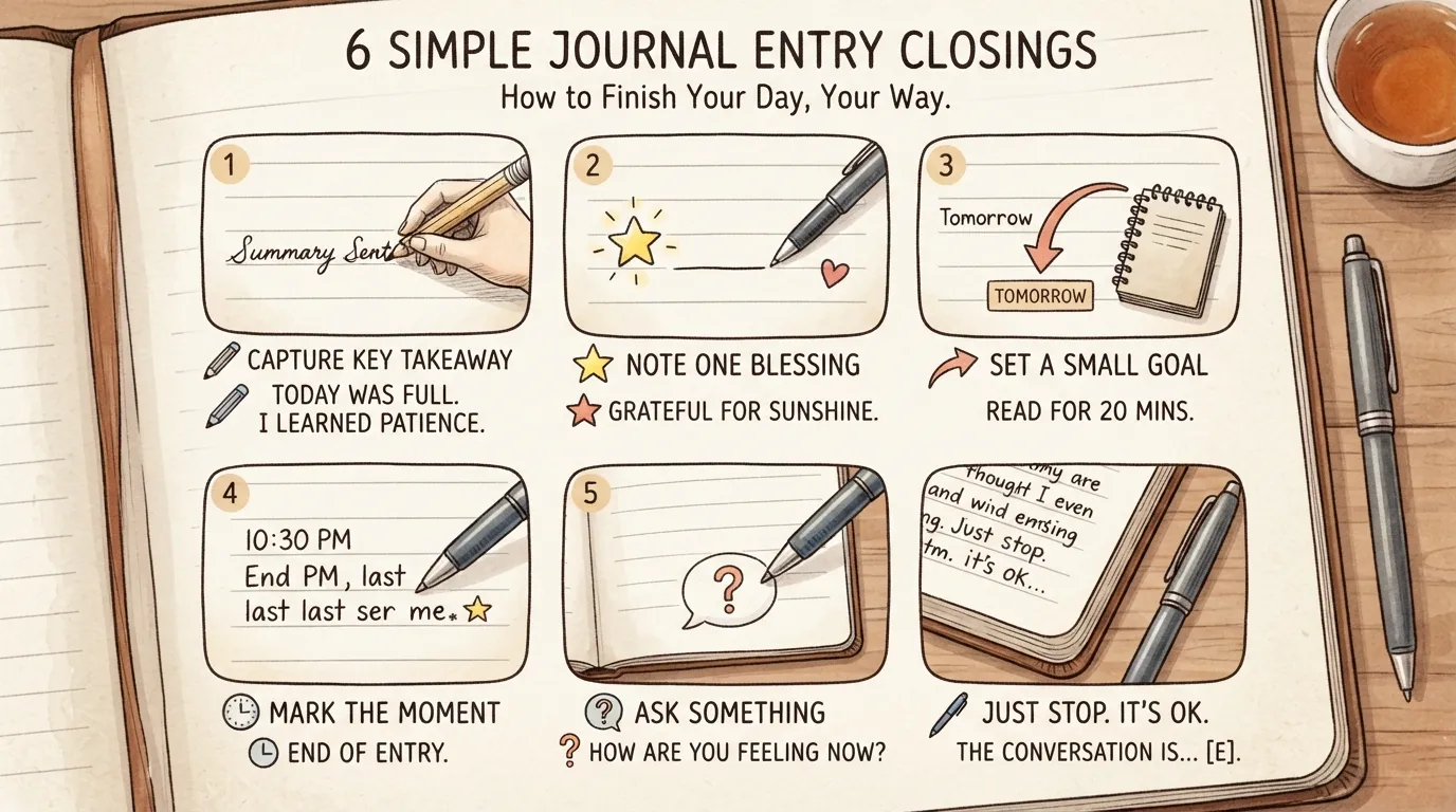Infographic showing six ways to end a journal entry: summary sentence, gratitude line, tomorrow's intention, sign-off, question to future self, and stopping mid-thought