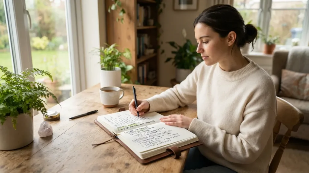 Person journaling to process emotions by writing feelings, identifying emotions, and reflecting for emotional clarity