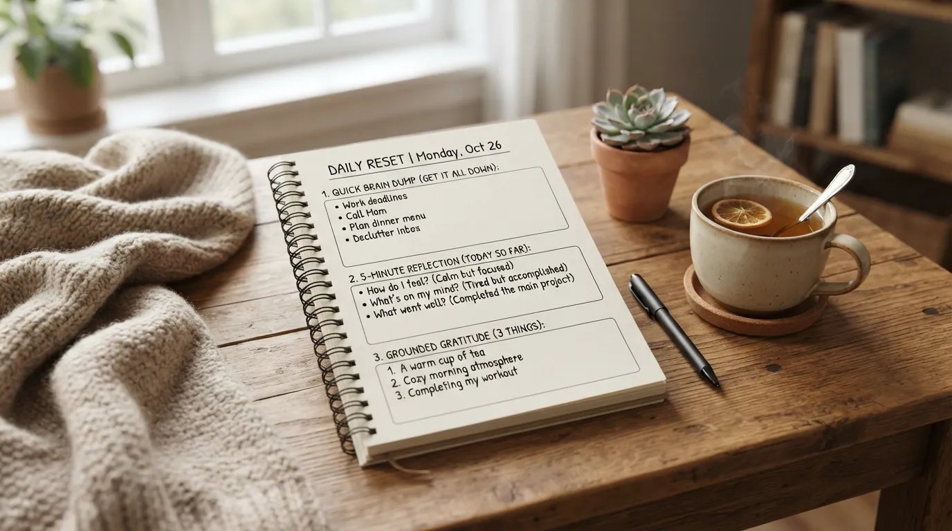 Flat lay photograph of an open notebook with a pen, a cup of tea, and a cozy blanket, illustrating a simple and sustainable mental health journaling routine.