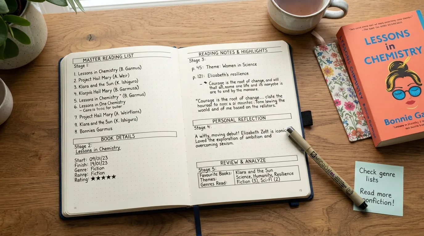 Step-by-step reading journal setup showing how to create a reading list, record book details, take notes while reading, write a reflection, and review journal entries.