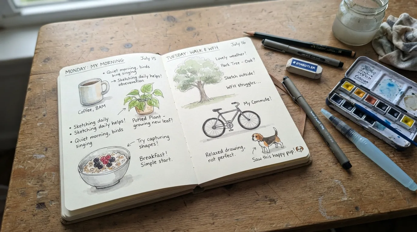 Beginner keeping a sketch journal with simple drawings, written notes, dates, art supplies, and everyday observations on an open sketchbook page.