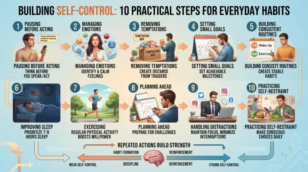 Person practicing self-control through healthy habits, managing distractions, pausing before reacting, and building consistent daily routines