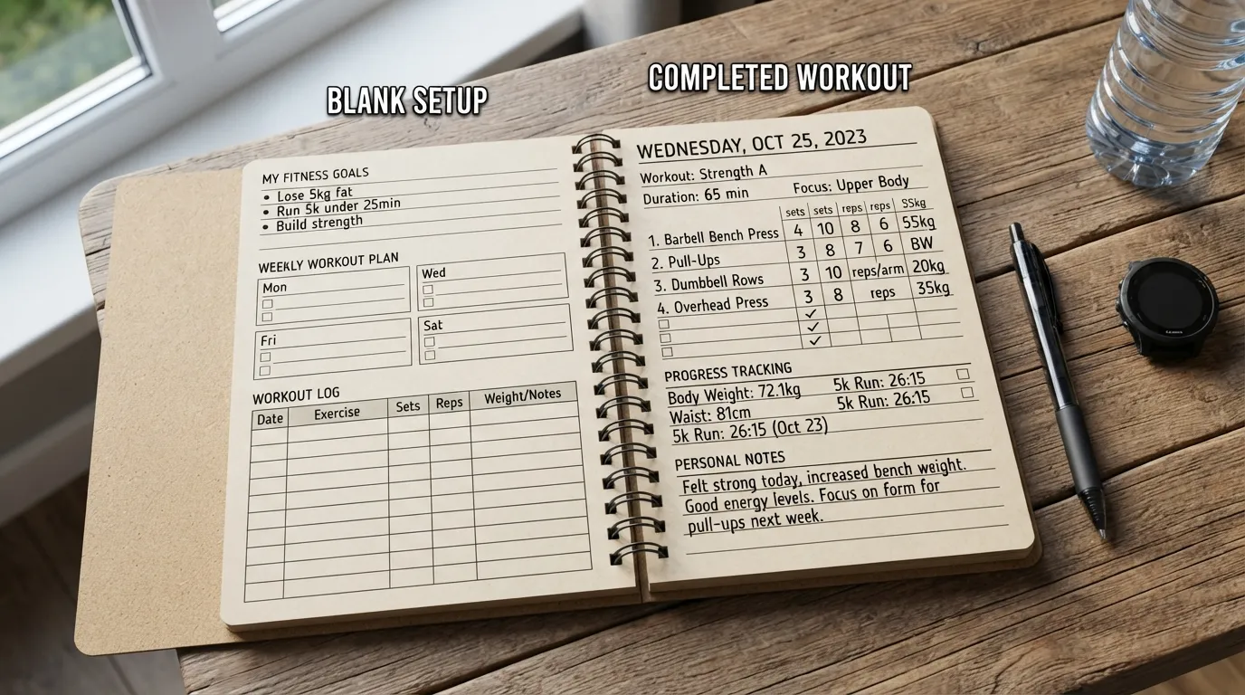 Open fitness journal showing a simple setup with goals, workout tracking sections, exercise entries, progress notes, and completed example pages.