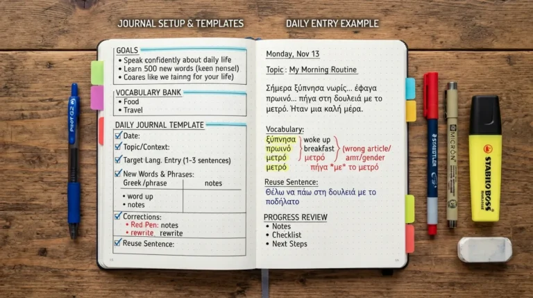 Open language journal showing organized setup sections, a simple writing template, vocabulary notes, corrections, and example journal entries.