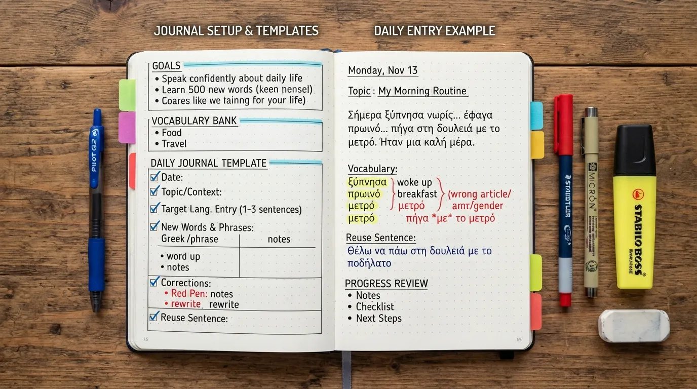 Open language journal showing organized setup sections, a simple writing template, vocabulary notes, corrections, and example journal entries.