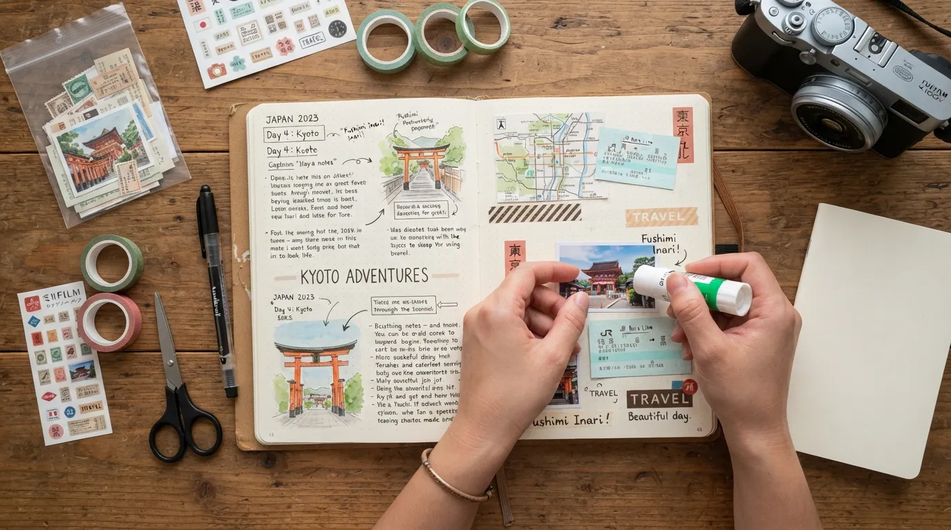 Beginner travel journal shown open with a notebook, writing pen, photos, map, tickets, stickers, and simple step-by-step page decoration supplies.