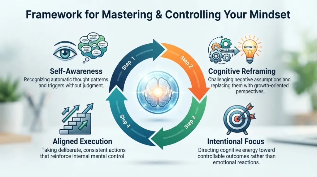 Infographic detailing a 4-step process on how to master and control your mindset through awareness, cognitive reframing, intentional focus, and aligned action.