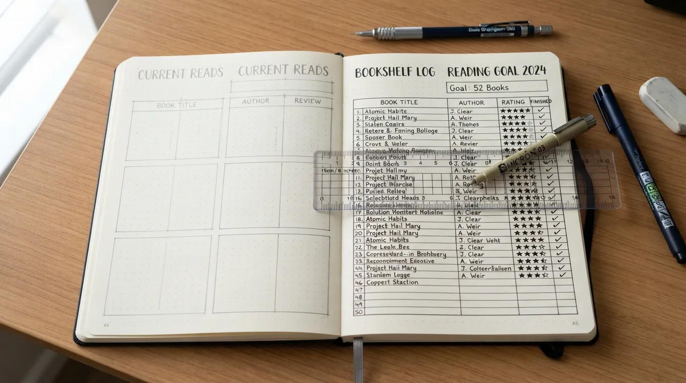 Flat lay photograph of a minimal bullet journal laid open on a wooden desk, displaying a clean pencil sketch, a clear plastic ruler, black fine-liner pens, and a completed reading goal tracker spread.