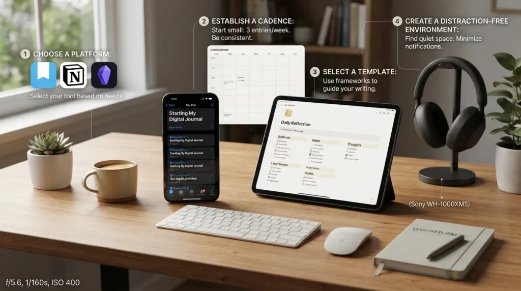A clean desk setup showing a smartphone and a tablet with a digital journal app open, alongside a warm cup of coffee, illustrating the beginner setup process.