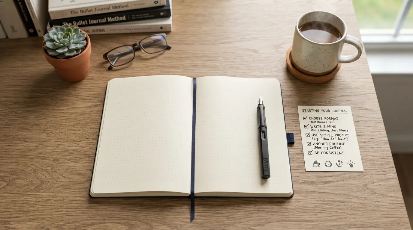 A flat-lay photograph of a beginner journaling setup featuring a clean open notebook, a pen, a cup of coffee, and a checklist illustrating step-by-step instructions.