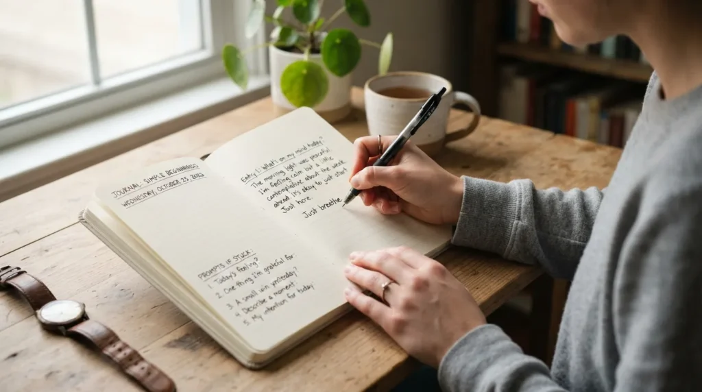 A person starting a journal entry by writing the date, choosing a simple prompt, and recording their thoughts in a notebook