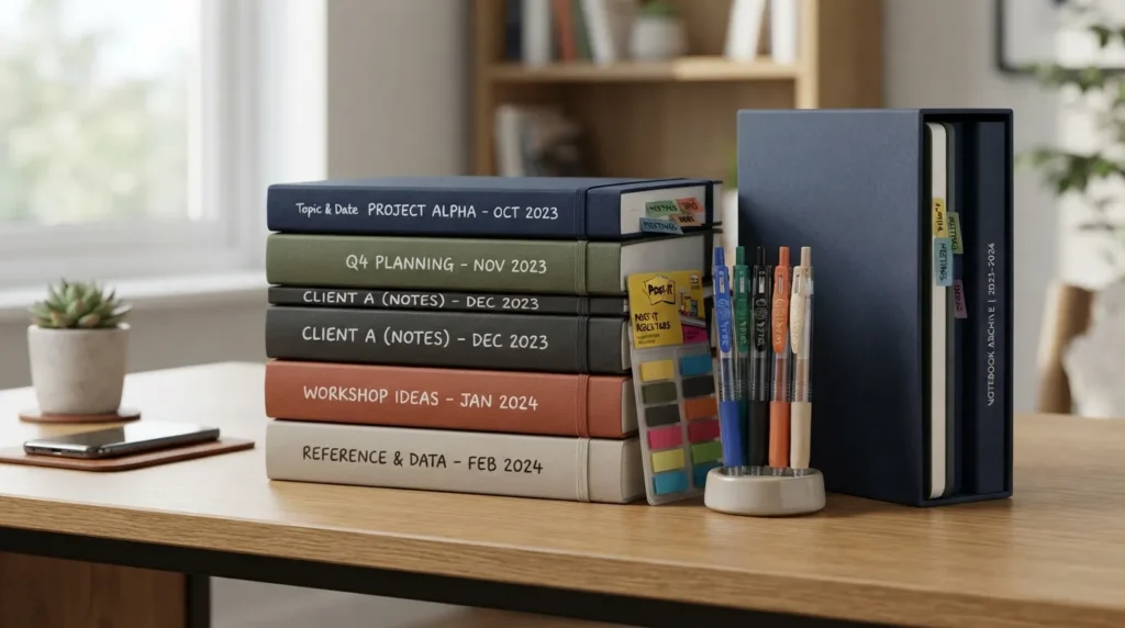 A neat wooden desktop organizer holding a labeled set of notebooks alongside pens and storage supplies, demonstrating an organized stationery collection.