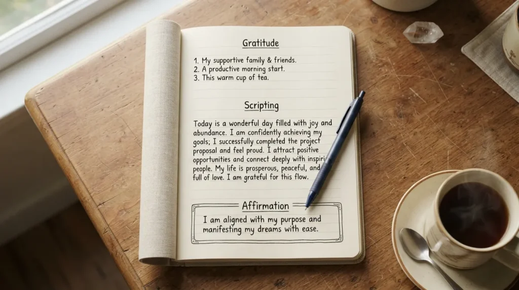 Open notebook on a desk showing a manifestation journal entry with gratitude list, present-tense scripting, and daily affirmations written by hand, next to a pen and morning coffee.