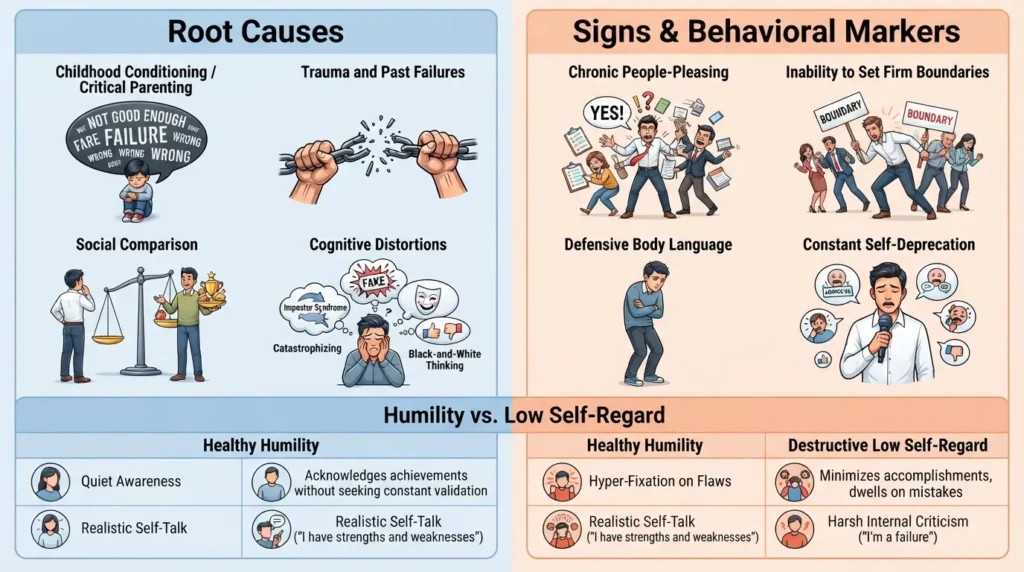 An infographic titled Identifying Root Causes and Signs of Low Confidence detailing psychological drivers like childhood conditioning and past failures alongside signs such as people-pleasing and boundary issues.