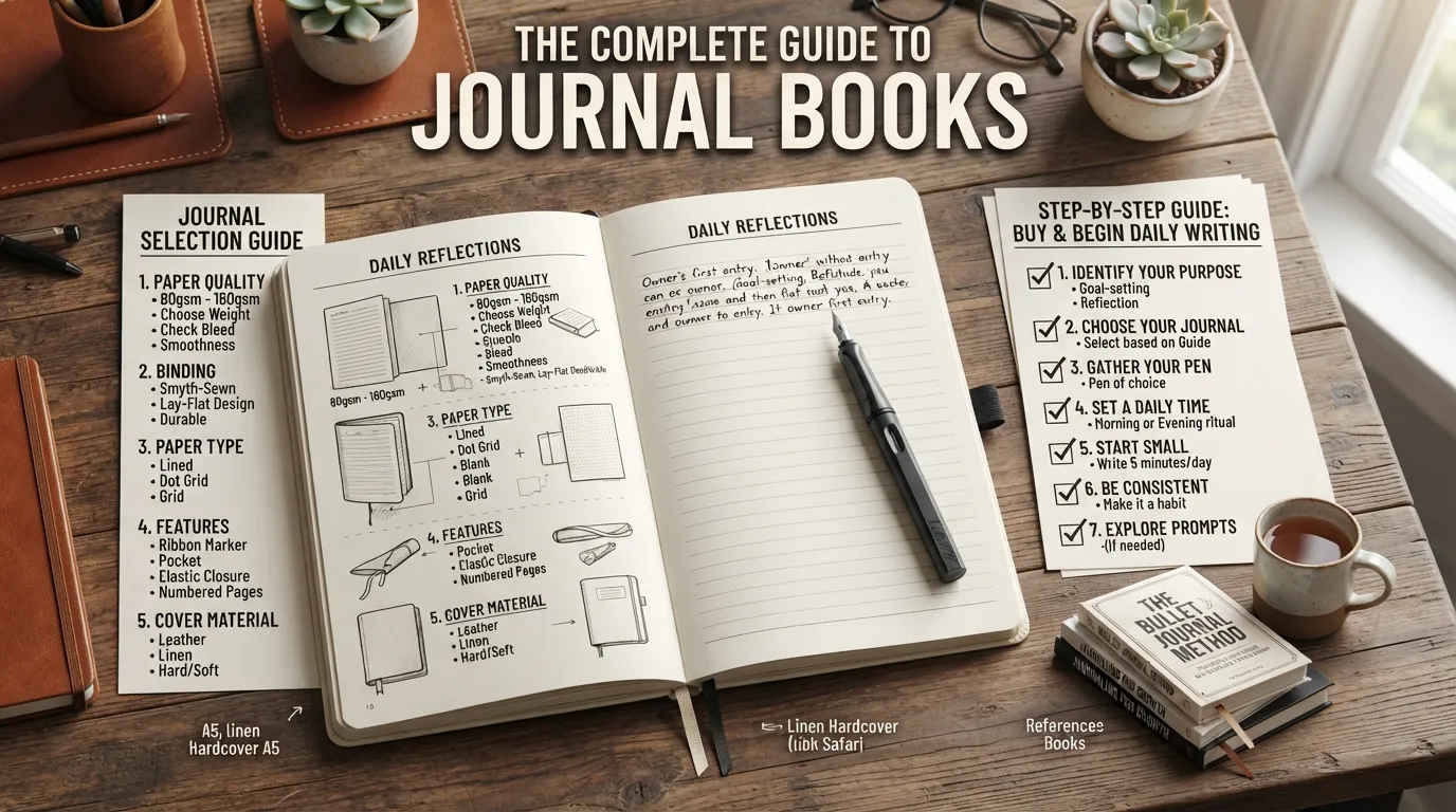 An open journal book displayed on a wooden desk next to a pen, illustrating the complete guide to choosing, buying, and using a journal.