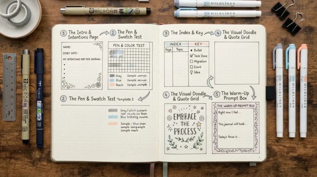 A high-resolution photograph of an open notebook displaying five creative first-page layout ideas, including dedicated goal lists, title pages, color keys, test pages, and introductory prompts.