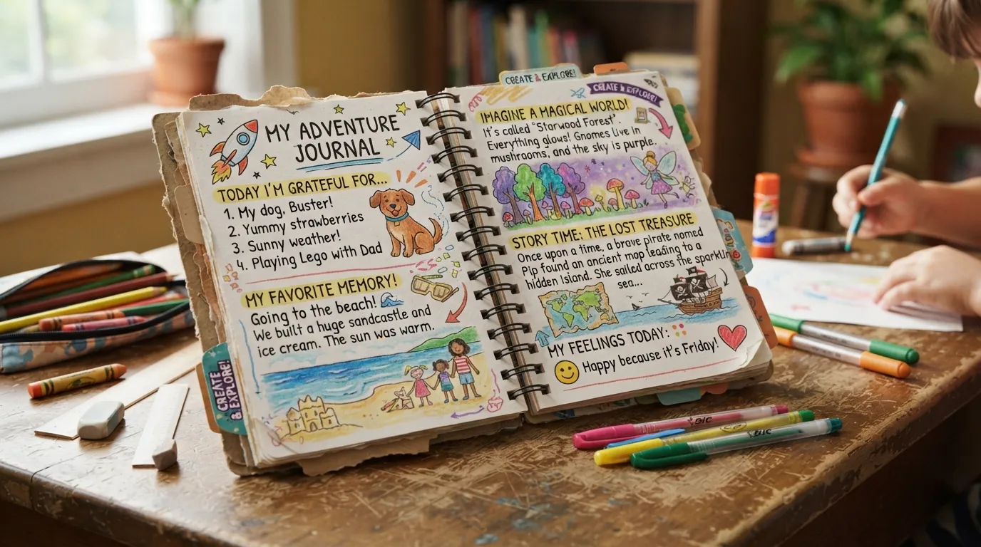 A child’s creative journal showing colorful writing prompts, drawings, gratitude notes, imagination activities, and fun ideas for kids to explore through writing.