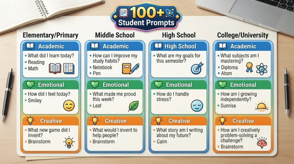 A structured infographic displaying student journal prompt categories including academic, emotional, and creative ideas organized across age groups from primary to college level.