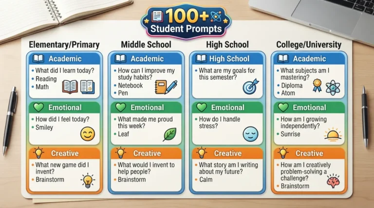 A structured infographic displaying student journal prompt categories including academic, emotional, and creative ideas organized across age groups from primary to college level.