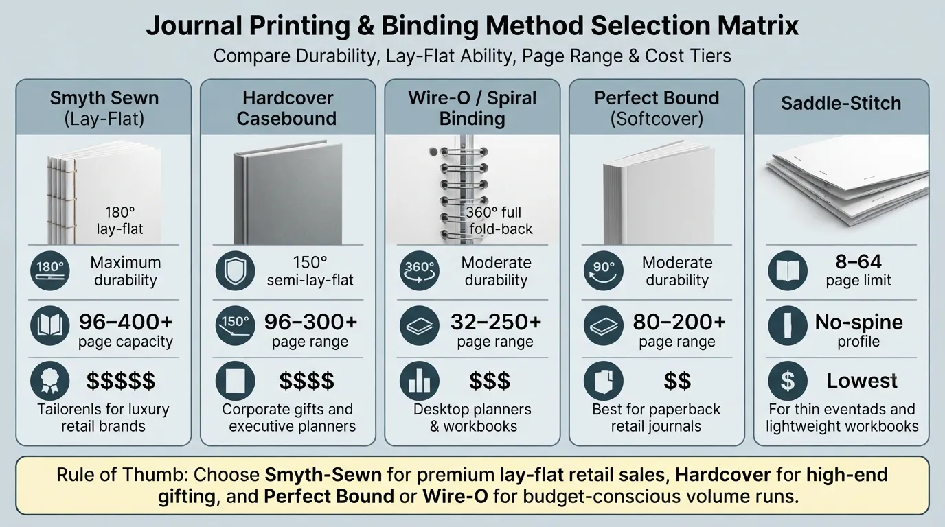 Comparative diagram of five custom journal binding methods showing Smyth sewn, hardcover casebound, Wire-O spiral, perfect bound, and saddle-stitch with durability ratings, lay-flat performance, and cost indicators.