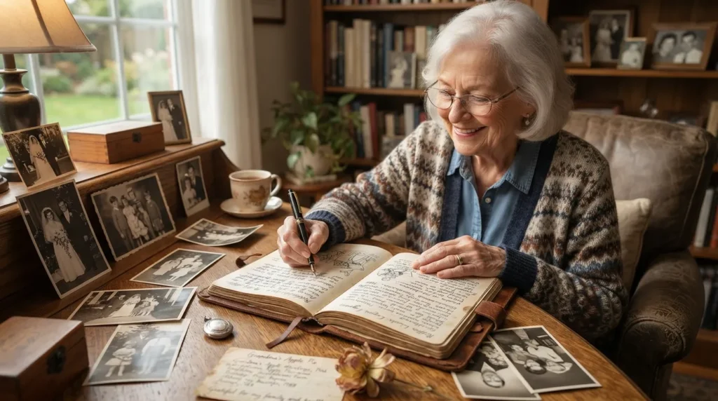 An elderly person writing in a journal at a table with family photos, old memories, and handwritten notes representing meaningful journal prompts about childhood, family, life experiences, gratitude, and personal stories.