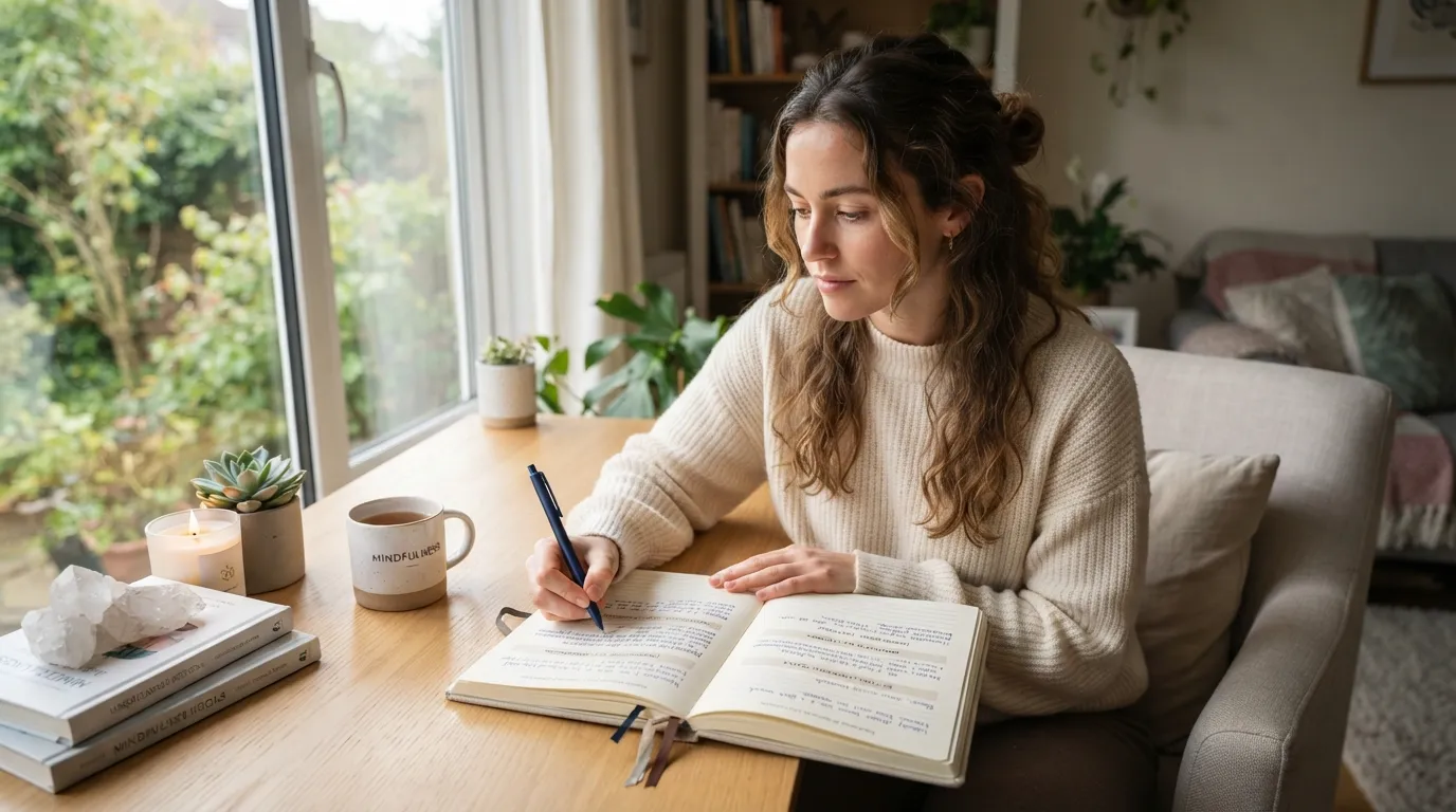 A person writing in a therapy journal with guided reflection prompts focused on emotions, healing, self-awareness, anxiety, and personal growth.