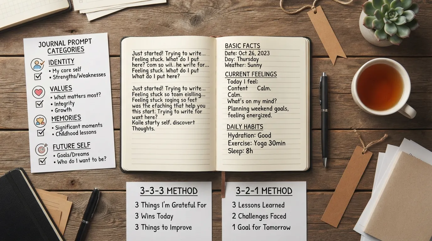 A person writing in a personal reflection journal on a wooden desk surrounded by pens and a warm coffee cup, representing the start of self-discovery writing.