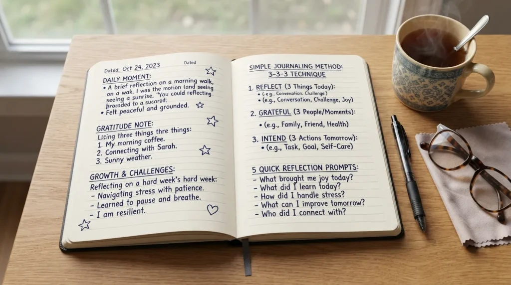 An open hand-written journal lying on a wooden desk alongside a pen, displaying real daily life entry examples, reflection prompts, and structured journaling steps.