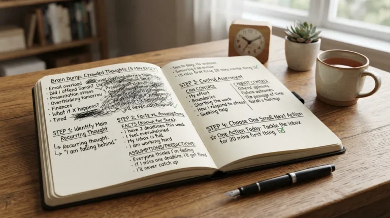 Journal page showing prompts, a 5-minute reset, brain dump, fact-versus-assumption sorting, and one small next step for mental clarity