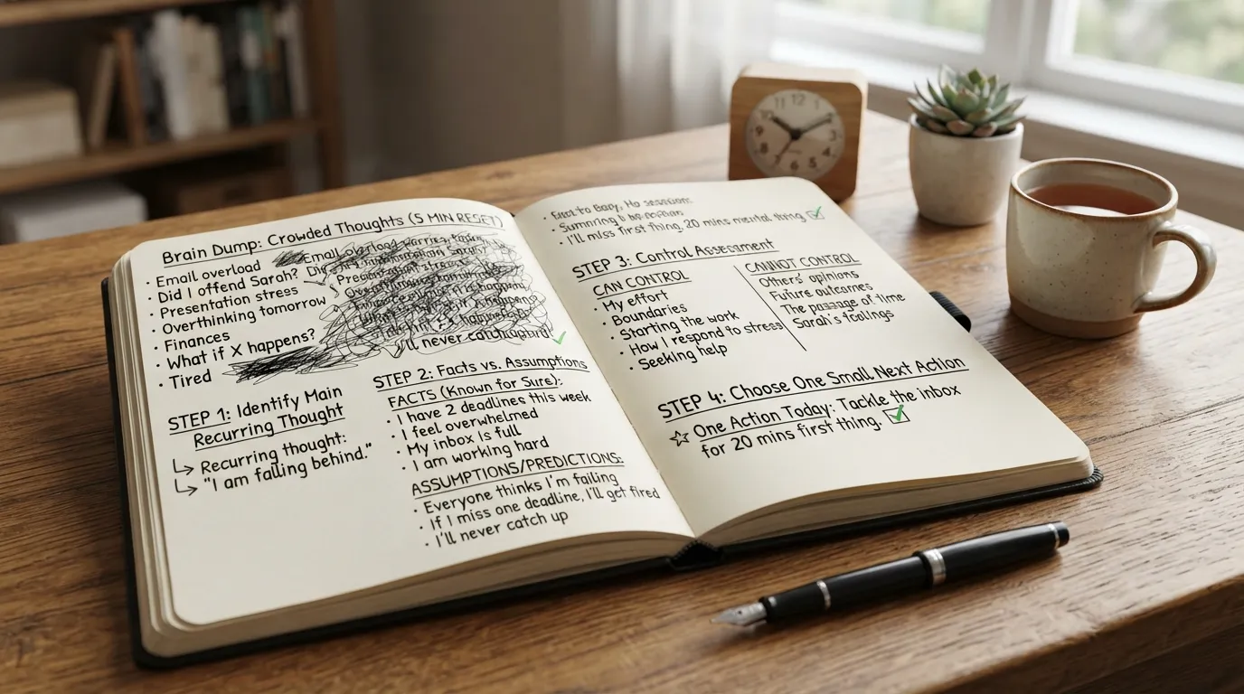 Journal page showing prompts, a 5-minute reset, brain dump, fact-versus-assumption sorting, and one small next step for mental clarity