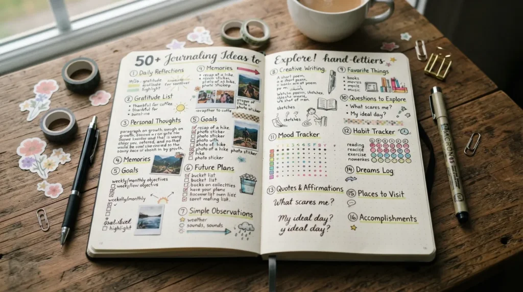 Journaling ideas with creative things to write in a journal, including daily reflections, gratitude, memories, lists, goals, and personal thoughts