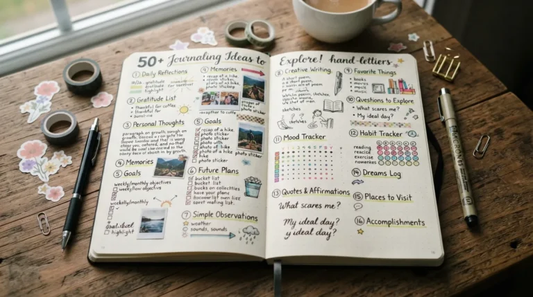 Journaling ideas with creative things to write in a journal, including daily reflections, gratitude, memories, lists, goals, and personal thoughts