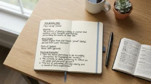A close-up of a person writing in a paper journal with a pen, visually explaining the meaning, pronunciation, and examples of journaling in English.