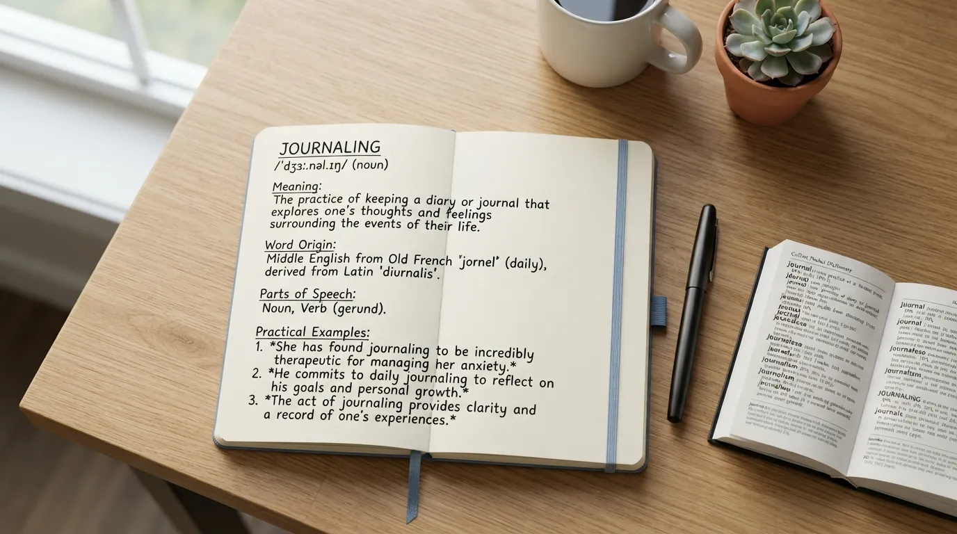 A close-up of a person writing in a paper journal with a pen, visually explaining the meaning, pronunciation, and examples of journaling in English.