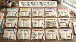15 journaling techniques including free writing, gratitude journaling, bullet journaling, prompts, and creative journaling methods