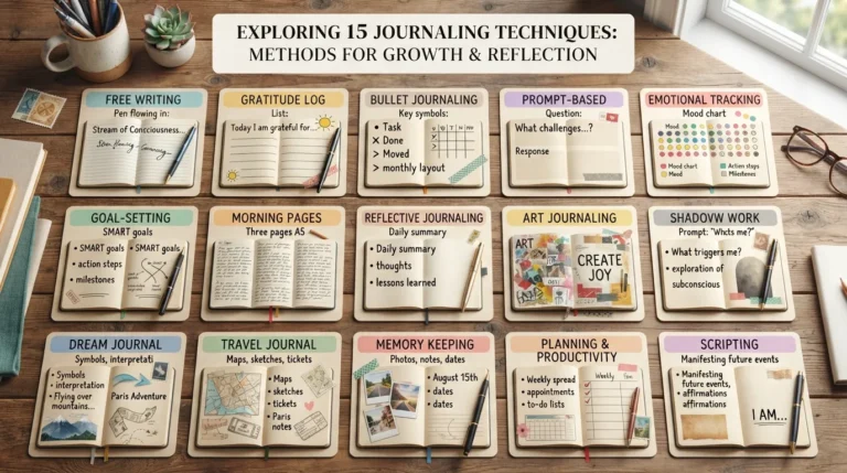 15 journaling techniques including free writing, gratitude journaling, bullet journaling, prompts, and creative journaling methods