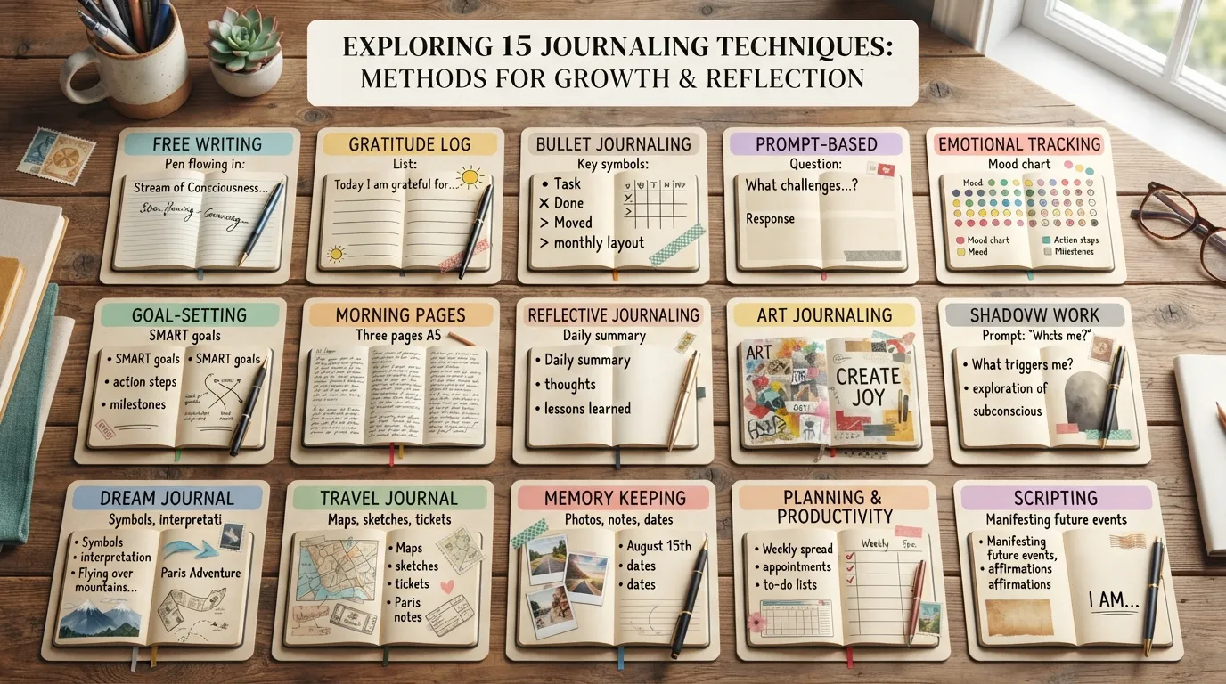 15 journaling techniques including free writing, gratitude journaling, bullet journaling, prompts, and creative journaling methods