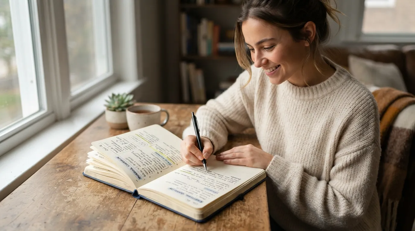 Real image showing a person journaling for emotional well being with handwritten feelings, reflection prompts, gratitude notes, and simple journaling methods.