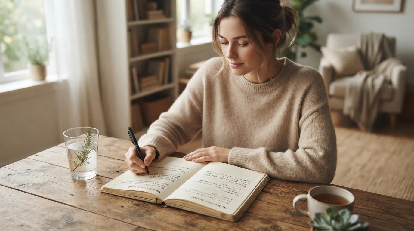 Person using a self-care journal to reflect on emotions, needs, stress, gratitude, and simple daily actions for better well-being.