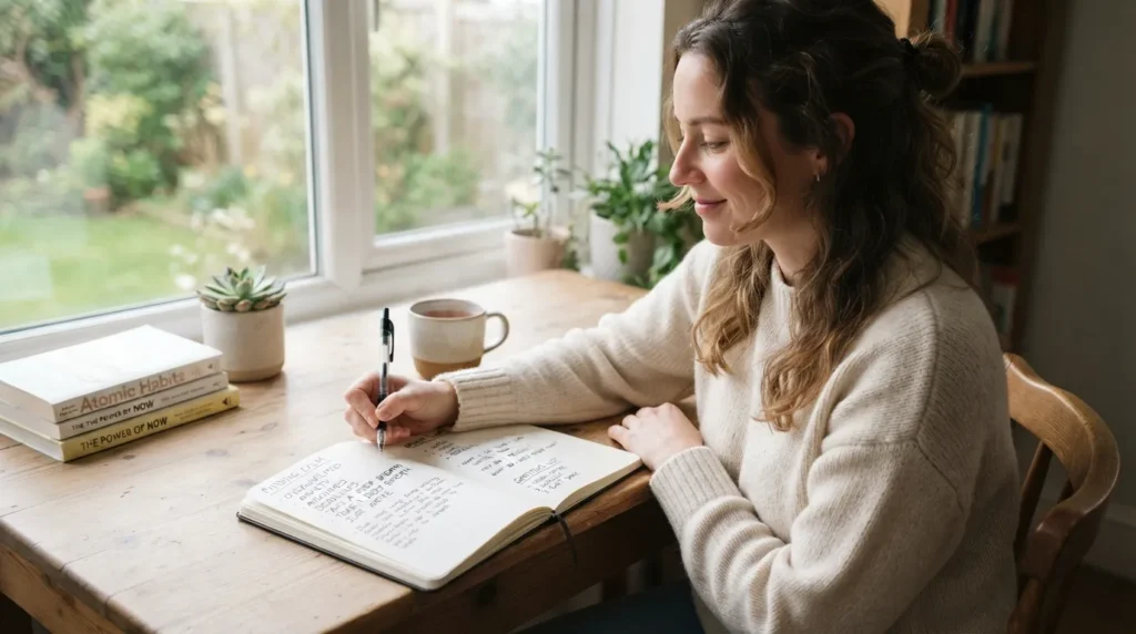Person journaling in a notebook to manage stress, using reflective writing, stress-relief methods, and calming journal prompts