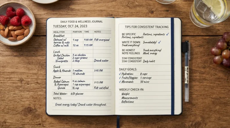 Open food journal showing meal and drink entries, portion details, meal times, notes, sample food tracking examples, and practical journaling tips.